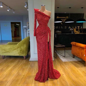 2020 Popular One Shoulder Long Sleeve Formal Gown Evening Dress Red 
2020 Popular One Shoulder Long Sleeve Formal Gown Evening Dress Red