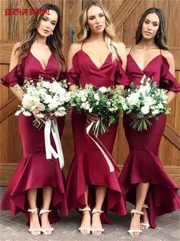Tea Length Mermaid High Low Bridesmaid Dresses Burgundy Satin Spaghetti Straps V Neck Wedding Guest Dress Vestidos De Festa
Tea Length Mermaid High Low Bridesmaid Dresses Burgundy Satin Spaghetti Straps V Neck Wedding Guest Dress Vestidos De Festa