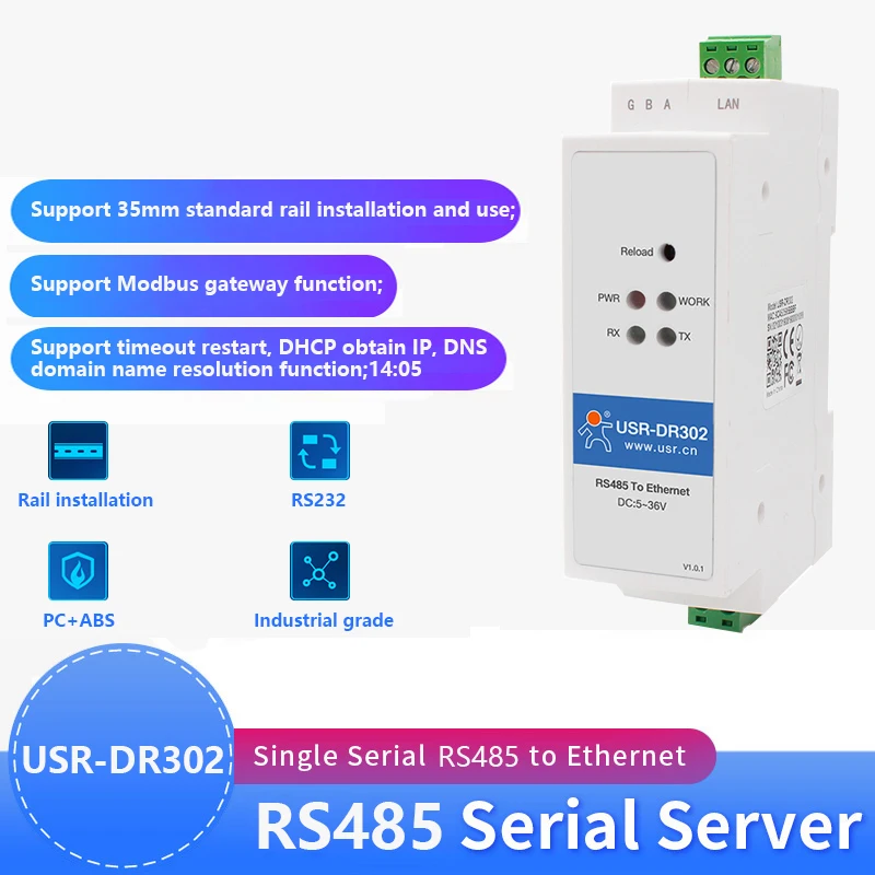 USR-DR302 Din-рейка, серийный RS485 в Ethernet TCP IP Серверный модуль, Ethernet-преобразователь, Modbus RTU в TCP-устройство Modbus
USR-DR302 Din-рейка, серийный RS485 в Ethernet TCP IP Серверный модуль, Ethernet-преобразователь, Modbus RTU в TCP-устройство Modbus