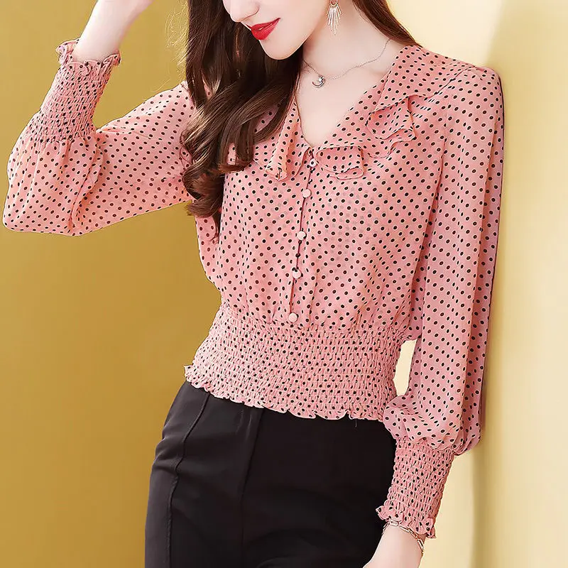 

Женская весенне-осенняя стильная шифоновая рубашка, женская элегантная повседневная рубашка в горошек с оборками и длинным рукавом DD8397
