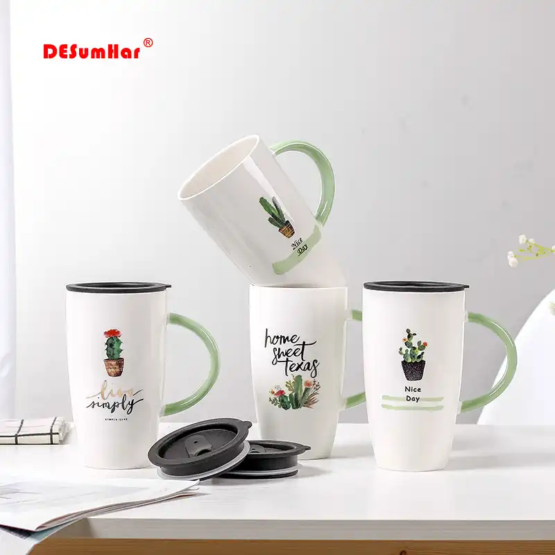 600ml creative cactus pattern ceramic mug with lid cartoon cups