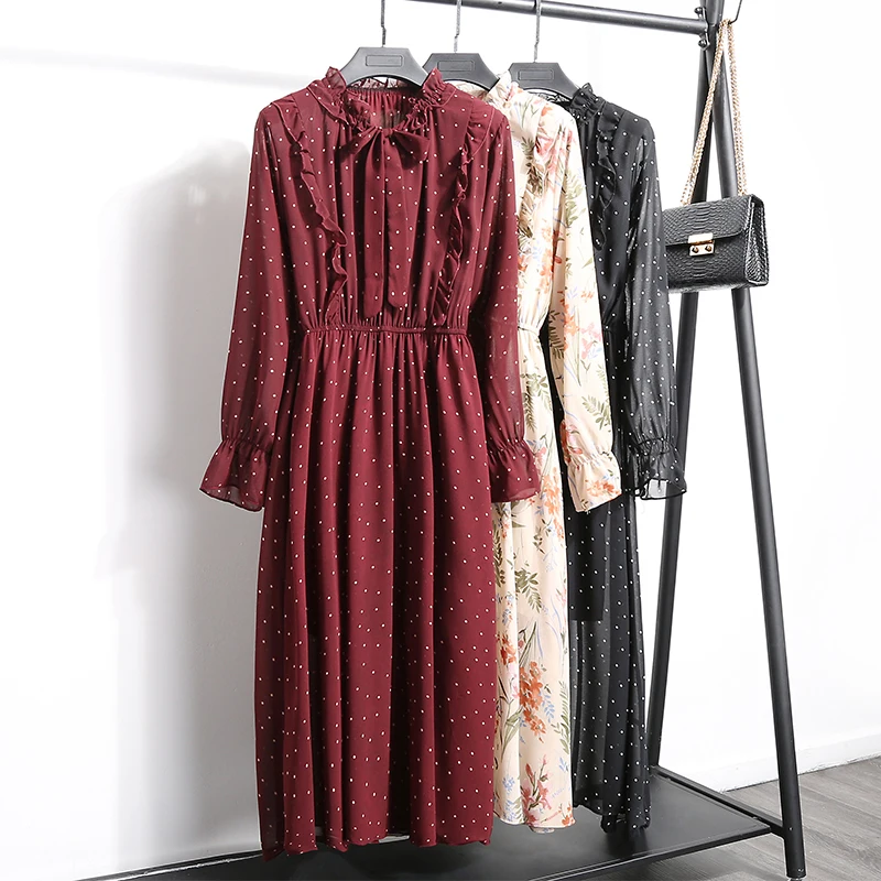 

Autumn Spring Chiffon Print Midi Apricot Women Dress Vintage Long Elegant Long Sleeve Polka Dot Black Burgundy Runway Vestidos