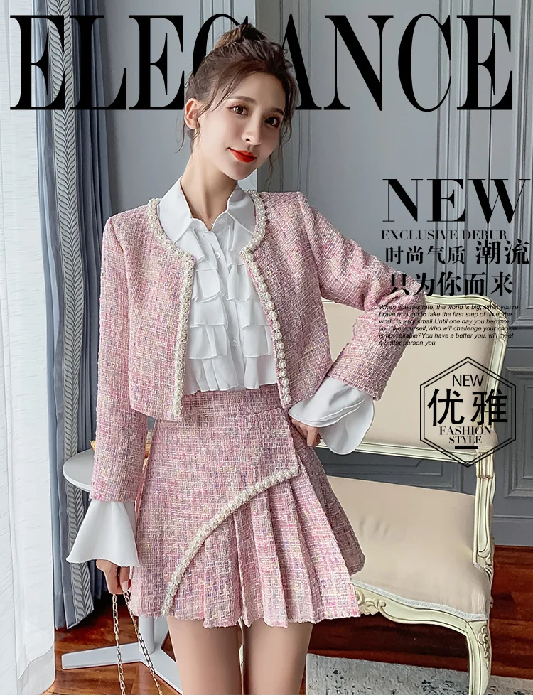 FREE SHIPPING Tweed Two Piece Set Short Jacket And Plaid Pleated A Line Skirt JKP4847 FREE SHIPPING Tweed Two Piece Set Short Jacket And Plaid Pleated A Line Skirt JKP4847