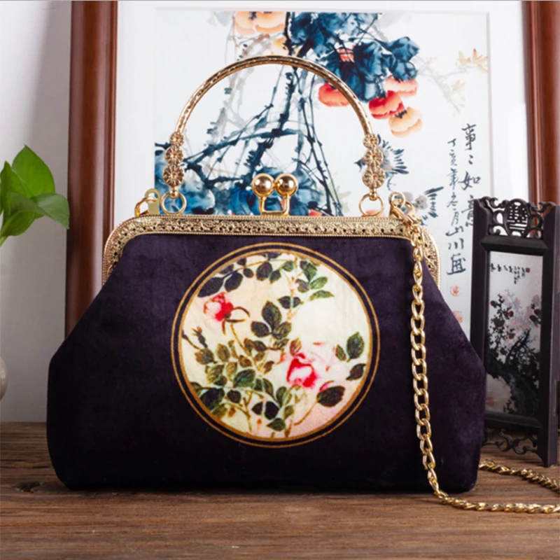 

2021 Circular Women Velvet Cheongsam Hanfu Floral Velour Frame Chain Shoulder Messenger Purses Chain Handbag Crossbody Tote