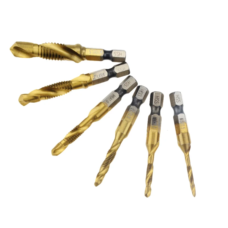 6PCS 1/4" M3-M10 Screw Tap Drill Bits HSS Countersink Coated Taps Hex Shank Thread Titanium Woodworking Drill Bits Hand Tools
6PCS 1/4" M3-M10 Screw Tap Drill Bits HSS Countersink Coated Taps Hex Shank Thread Titanium Woodworking Drill Bits Hand Tools