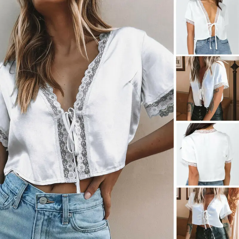 2019 Fashion Women's Ladies Short Sleeve Crop Tops Lace Satin Shirt Blouse Tee Casual Loose Lace-up Hollow Lumbar Short Sleeve
2019 Fashion Women's Ladies Short Sleeve Crop Tops Lace Satin Shirt Blouse Tee Casual Loose Lace-up Hollow Lumbar Short Sleeve