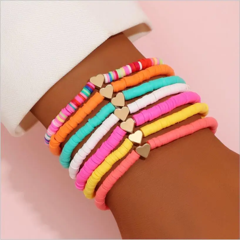 

Boho Colorful Heart Polymer Clay Bracelet For Female Summer Heishi Disc 4mm Beaded Braclets For Women Jewelry Gift S2245