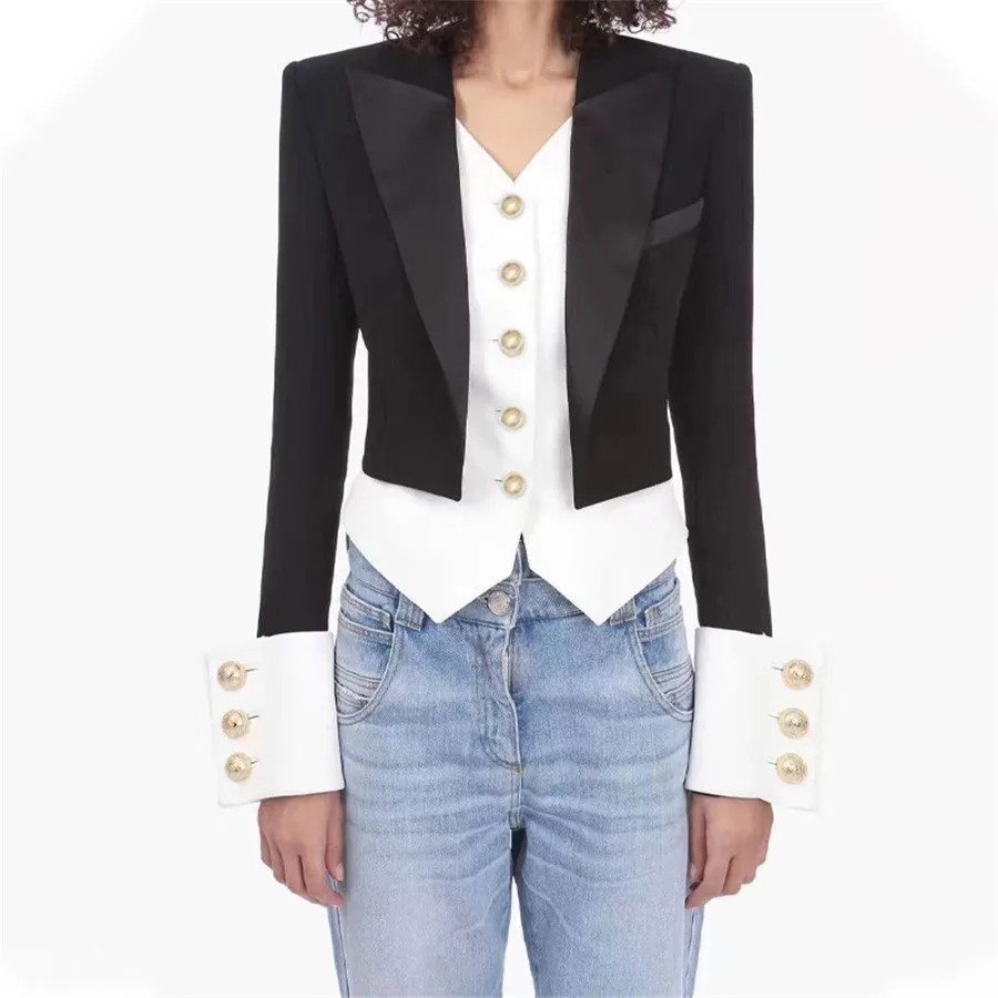 Autumn Crop Top Women Blazer Feminino Patchwork Office Engla Style Slim Cut Jackets With Gold Button V-Neck Black Clothes Women
Autumn Crop Top Women Blazer Feminino Patchwork Office Engla Style Slim Cut Jackets With Gold Button V-Neck Black Clothes Women