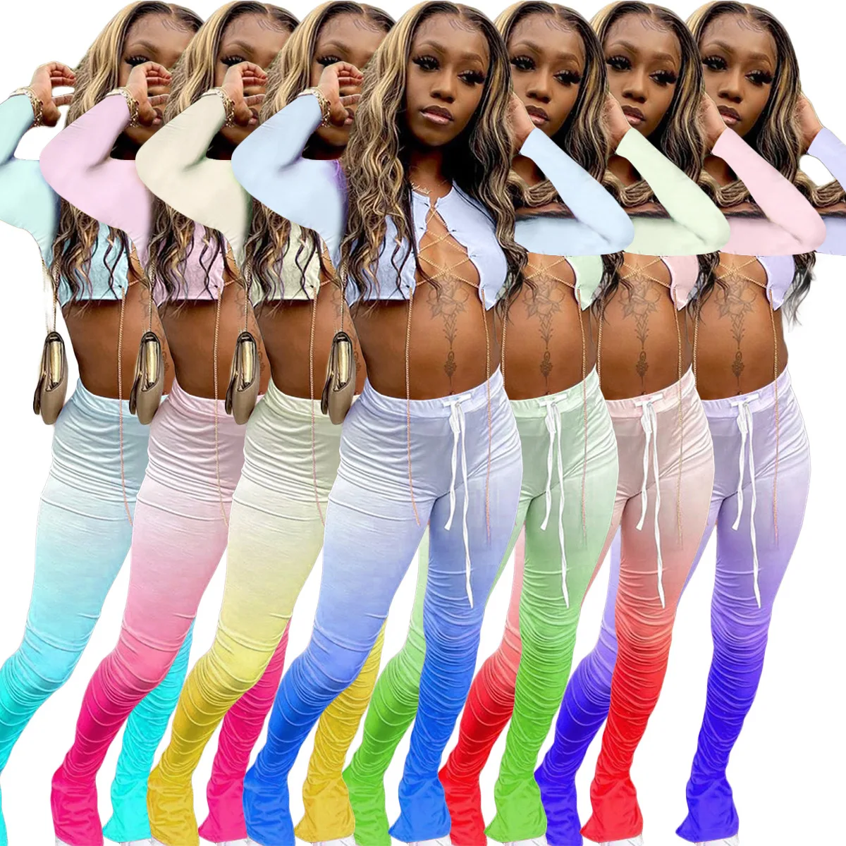 Gradient 2 Piece Sets Womens Outfits Metal Chain Strapless Long Sleeve Crop Tops Drawstring Pleated Pants Tracksuit Ropa Mujer
Gradient 2 Piece Sets Womens Outfits Metal Chain Strapless Long Sleeve Crop Tops Drawstring Pleated Pants Tracksuit Ropa Mujer