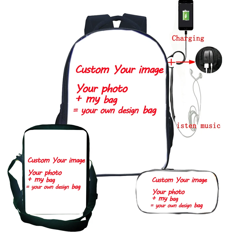 Custom Your Image Customized Pattern USB Charge Backpack Tees Schoolbag 3pcs/set Backpack+Shoulder Bag+pencil Case Drop Shipping
Custom Your Image Customized Pattern USB Charge Backpack Tees Schoolbag 3pcs/set Backpack+Shoulder Bag+pencil Case Drop Shipping