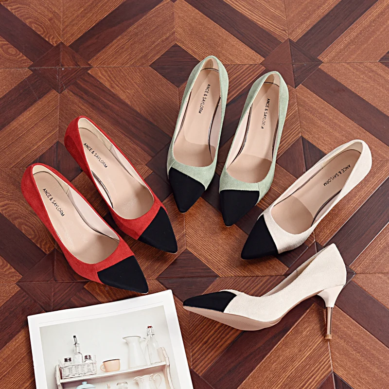 Spring Female fashion high heels color matching pointed suede stilettos concise designer with metal decorative heel pumps U22-44
Spring Female fashion high heels color matching pointed suede stilettos concise designer with metal decorative heel pumps U22-44