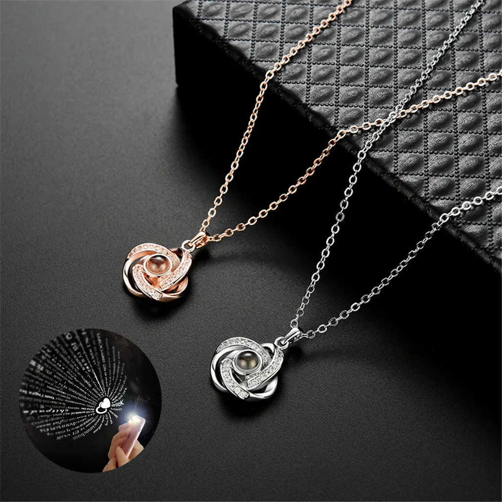 Crystal Projection Pendant Necklace 100 Kinds of I Love You Language Personality Couple Gift Clavicle Chain | Украшения и