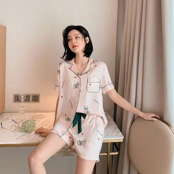FZSLCYIYI 2020 New Summer Women Faux Silk Pajamas Set Printed Nightwear for Female Short Sleeves Shorts Sleepwear Homewear 
FZSLCYIYI 2020 New Summer Women Faux Silk Pajamas Set Printed Nightwear for Female Short Sleeves Shorts Sleepwear Homewear