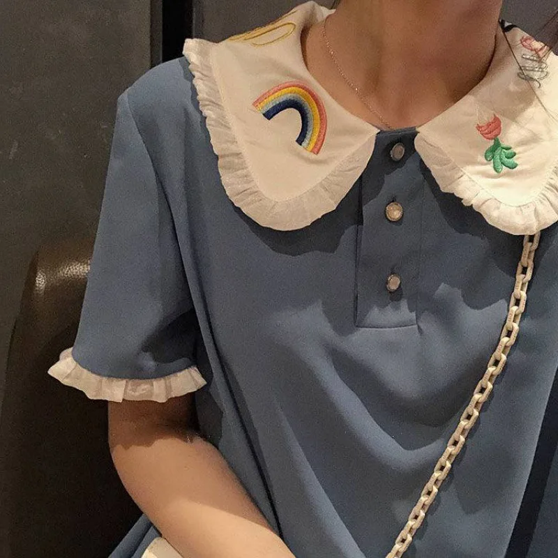 Embroidered Peter pan collar polo shirts short sleeve summer kawaii korean casual mini tshirt dress black blue women casual C289
Embroidered Peter pan collar polo shirts short sleeve summer kawaii korean casual mini tshirt dress black blue women casual C289