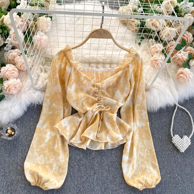 Spring Autumn Women's Top Ins Korean Style Drawstring Pleated V-Neck Shirt Waist Lotus Leaf Short Chiffon Blouse
Spring Autumn Women's Top Ins Korean Style Drawstring Pleated V-Neck Shirt Waist Lotus Leaf Short Chiffon Blouse