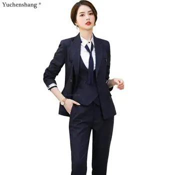 Women High Quality Black Blue Striped Pant Suits For Office Lady Formal Business Work Wear Vest Blazer and Pant 3 Pieces Set
Women High Quality Black Blue Striped Pant Suits For Office Lady Formal Business Work Wear Vest Blazer and Pant 3 Pieces Set