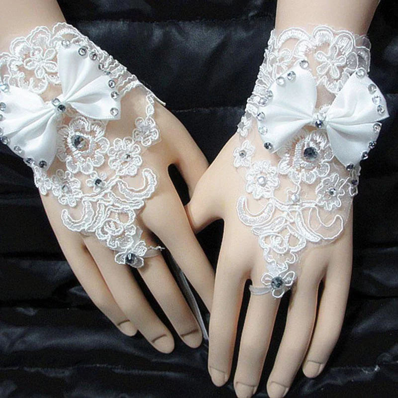 

Elegant White Rhinestone Bowknot Lace Mesh Short Wedding Gloves Bridal Women Fingerless Gloves Photography Clothing Accessories