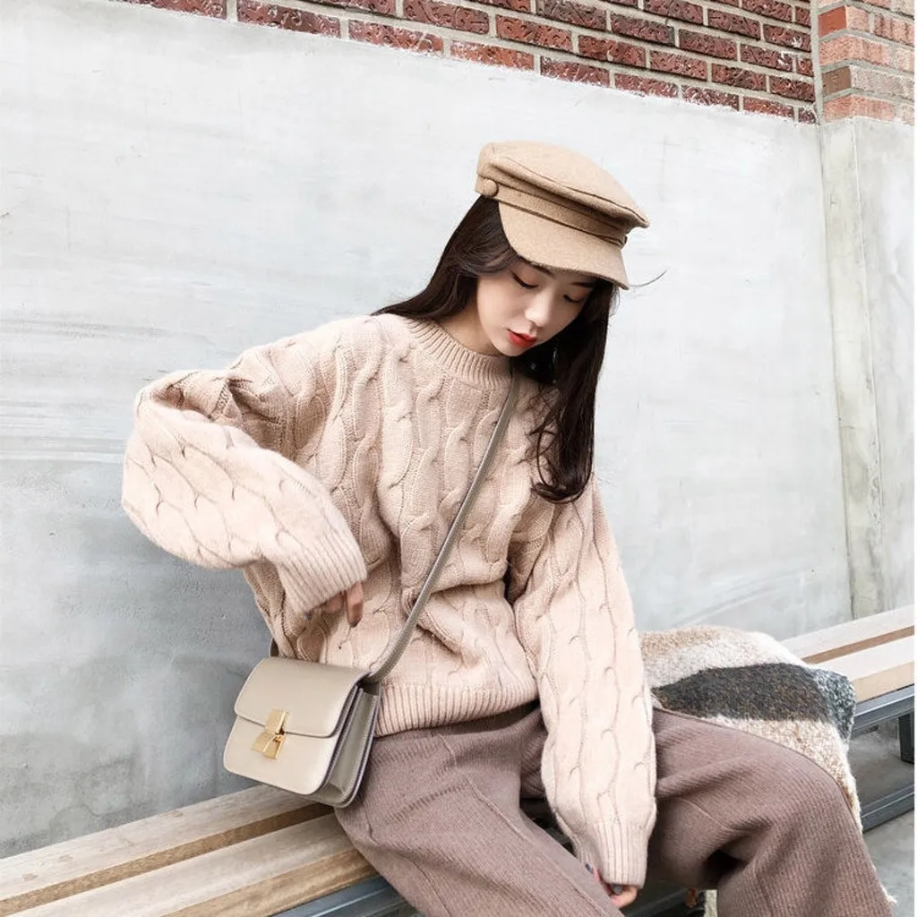 Jaycosin Fashion Women Casual Simple Long Sleeve Knitting Sweater Stylish Solid Color Comfortable Warm Lazy Wind Sweater