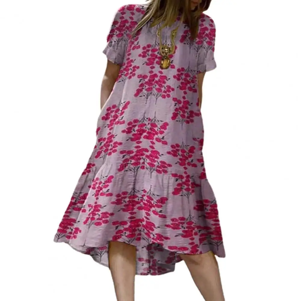 

Women Summer Dress 2021 Short Sleeve Attractive Beach Dress Floral Print Skin-friendly Ruffle Hem O Neck Midi Dress Beachwear