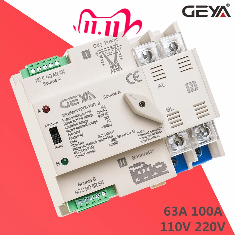 NEW GEYA W2R ATS 2P Automatic Transfer Switch Uninterrupted Power Controller Selector Switches 63A 100A 110V 220V Wire Gift
NEW GEYA W2R ATS 2P Automatic Transfer Switch Uninterrupted Power Controller Selector Switches 63A 100A 110V 220V Wire Gift
