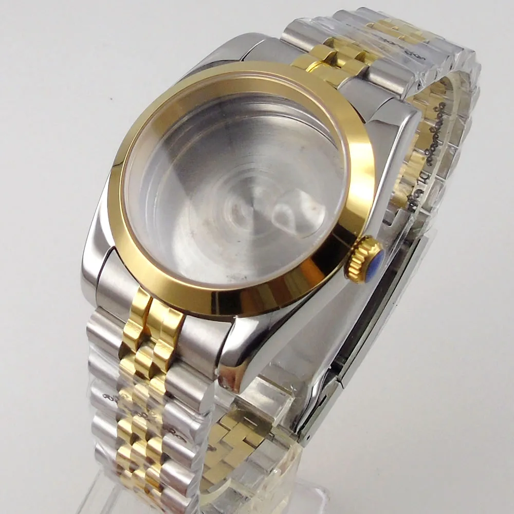 

39mm Two Tone Gold Polish Bezel fit NH35A NH36A ETA 2836 MIYOTA 82 Series DG Watch Case Jubilee Band Glass Case Back