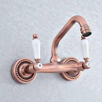

Antique Red Copper Brass Wall Mounted Kitchen Wet Bar Bathroom Sink Faucet Swivel Spout Mixer Tap Dual Ceramic Handles asf881