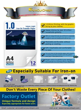 Transfer Paper A4 Iron On T-Shirt Transfers for Light Fabrics Inkjet Printers Transfer Paper 12 Sheets 
Transfer Paper A4 Iron On T-Shirt Transfers for Light Fabrics Inkjet Printers Transfer Paper 12 Sheets