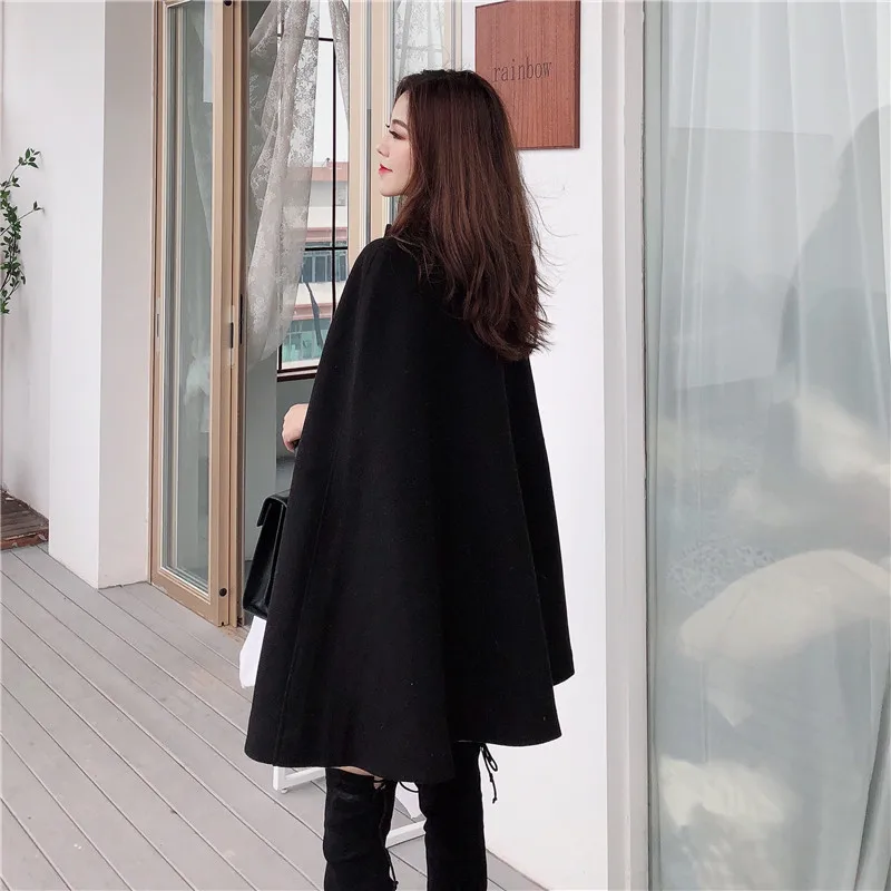 RUGOD Korean New Style Solid Color Loose Cape Coat Collect Waist Woolen Medium Long Coat Women Winter Tops For Woman