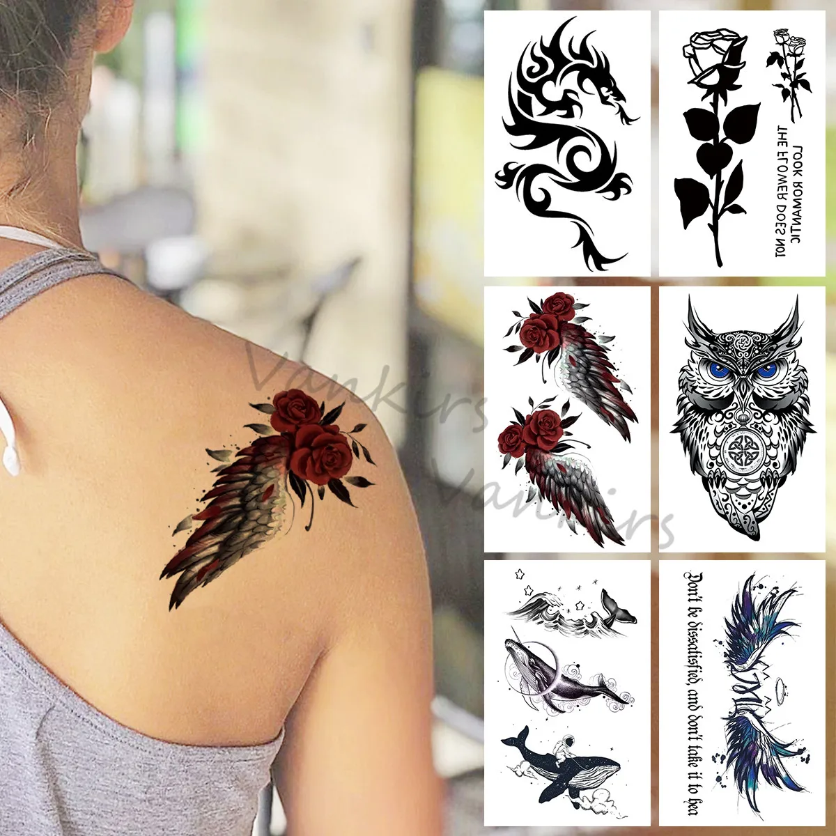 

Временные татуировки акварельные розы для женщин и девушек, Реалистичная сова, Кит, дракон, крылья ангела, искусственная татуировка, наклейка на тело, руки, тату 3D