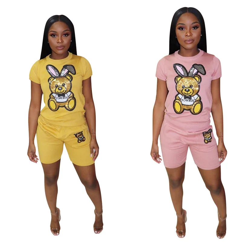 cute bear sequined casual 2 piece set summer short sleeve tees top and matching short pants women yellow/pink outfit D8262
cute bear sequined casual 2 piece set summer short sleeve tees top and matching short pants women yellow/pink outfit D8262