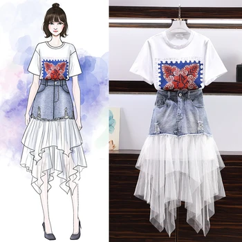 Women 2 Piece Set Irregular Denim Tulle Patchwork Skirts and Fashion Print T Shirt Female Mid Long Mesh Skirts Suit Summer 2020
Women 2 Piece Set Irregular Denim Tulle Patchwork Skirts and Fashion Print T Shirt Female Mid Long Mesh Skirts Suit Summer 2020