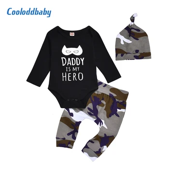 Newborn Baby Boy Clothes Set letter Daddy is my Hero Outfits Black Romper Tops Camouflage pants Hat infant clothes boy clothing
Newborn Baby Boy Clothes Set letter Daddy is my Hero Outfits Black Romper Tops Camouflage pants Hat infant clothes boy clothing