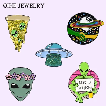 

Alien Collection Enamel Pin UFO Planet Flower Pizza Alien Brooches Outer Space Universe Cosmic Life Badges Jewelry Pin Wholesale