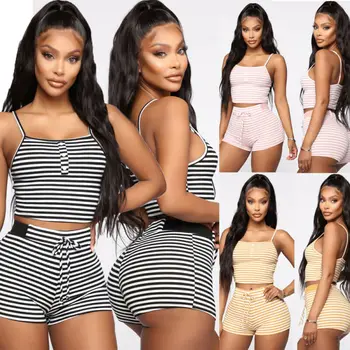 Women Sexy Striped 2pcs Crop Top+Shorts Lingerie Nightwear Sleepwear Pajama Sets
Women Sexy Striped 2pcs Crop Top+Shorts Lingerie Nightwear Sleepwear Pajama Sets