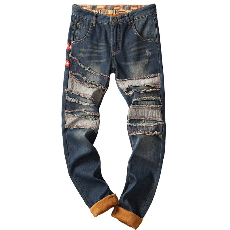 Retro Blue Ripped Jeans Patch Distressed Decoration Slim-fit Warm Denim Straight-leg Pants 2020 Winter Handsome Male Clothing
Retro Blue Ripped Jeans Patch Distressed Decoration Slim-fit Warm Denim Straight-leg Pants 2020 Winter Handsome Male Clothing