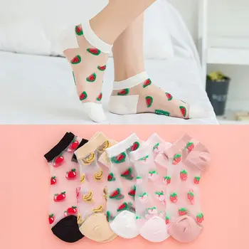 

5 Pairs Women Transparent Crystal Fiber Boat Socks Cute Watermelon Strawberry Fruits Jacquard Summer Ultra-Thin Invisible Hosier