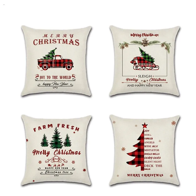 

Merry Christmas Pillow Cushion Cover 45*45cm Tree Car Printed Sofa Throw Pillowcase Cotton Linen Pillows Home Xmas Decoration