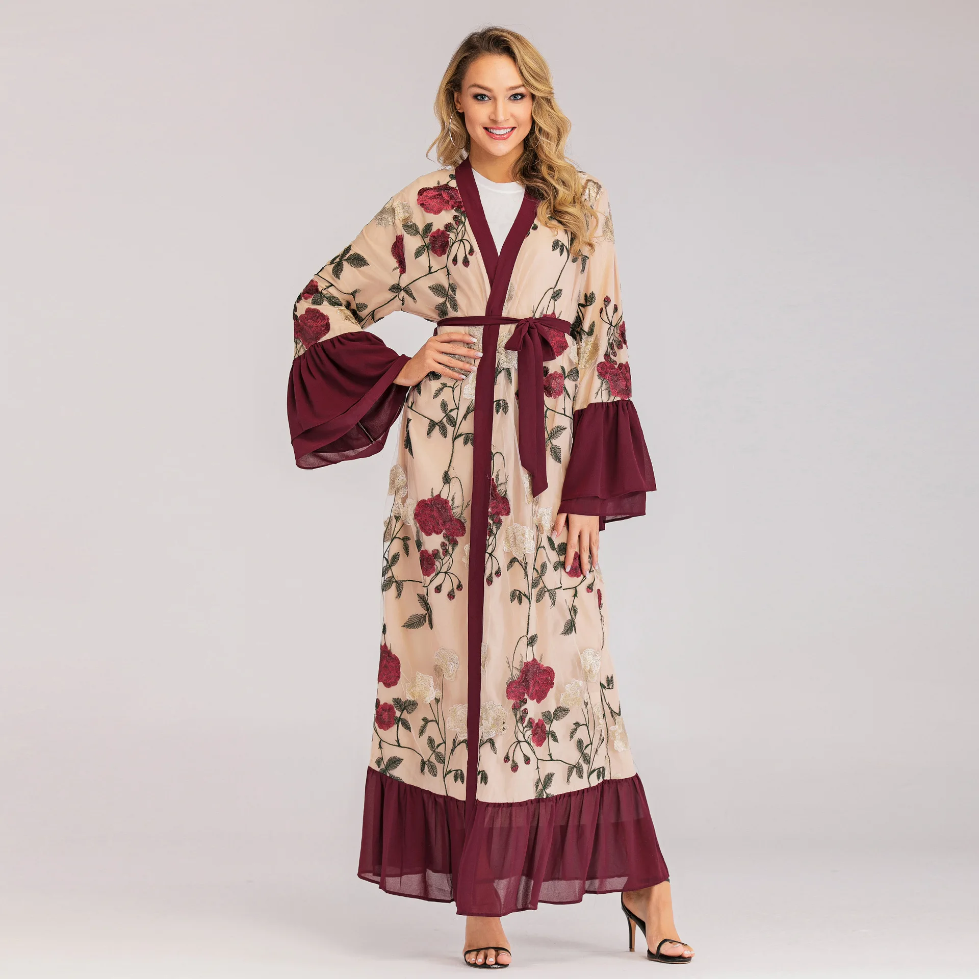 1708#Open Abaya Dubai Kimono Turkish Hijab Muslim Dress - CHAOMENG MUSLIM SHOP