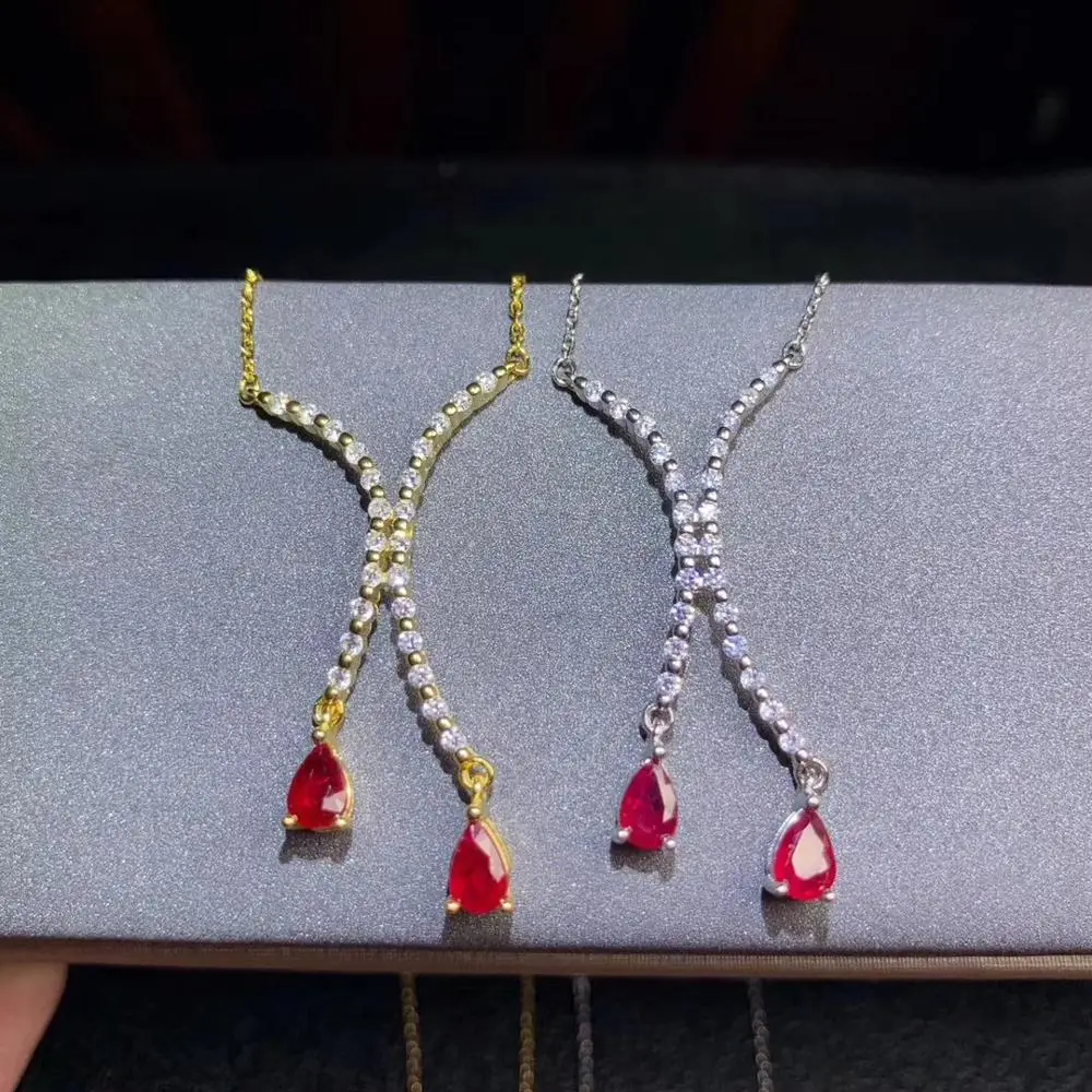 Фото Женское ожерелье из серебра 925 пробы с натуральным красным Рубином |
