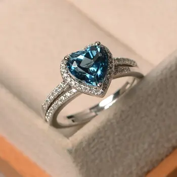 

Zircon Topaz Ring Ring Women's Swiss Aquamarine Heart-shaped Gemstone S925 Silver White Gold Plated Blue Crystal Accessories