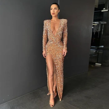 Luxurious Golden Color Sequin Deep V Neck Long Sleeve Glitter Beading Long Prom Dress 2020
Luxurious Golden Color Sequin Deep V Neck Long Sleeve Glitter Beading Long Prom Dress 2020