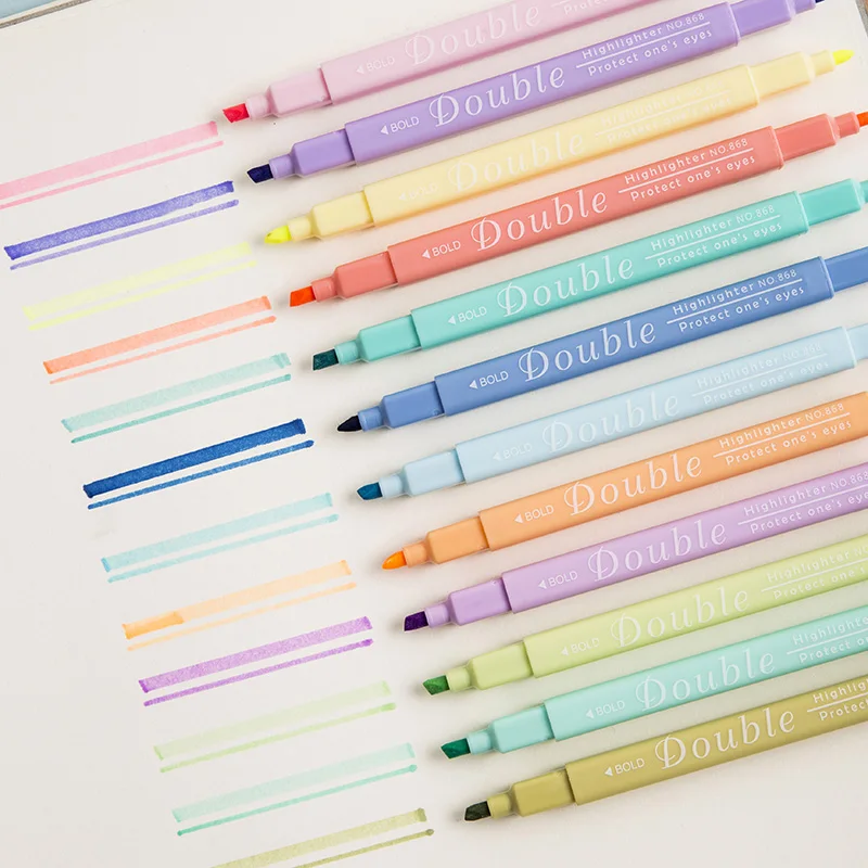 

12pcs Double Color Highlighter Pen Set Dual-side Bold Fine Tip Fluorescent Marker Liner Drawing Pens Office School Art A6797