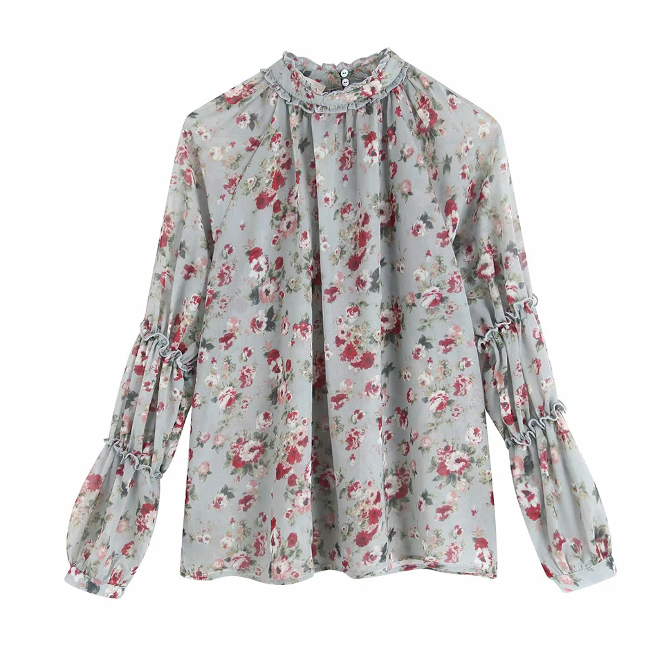 

Women Summer Loose Vintage Blouses and Tops Shirts O-Neck Floral Print Long Sleeve Female Fashion Spliced Top blusas camisa