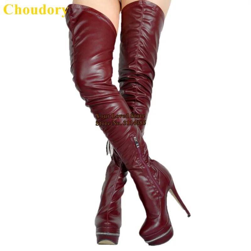 

Choudory Sexy Wine Red Over-the-knee Platform Long Boots Zipper Decorated Thigh High Dress Boots Dropship Tall Boots Plus Size47