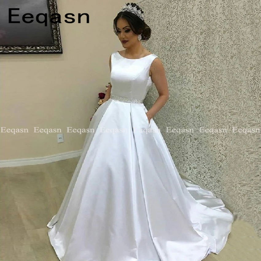 Elegant Simple Wedding Dress 2019 White Ivory Satin Corset Back Sleeveless Bridal Dresses Pockets Robe de Mariee Plus Size
Elegant Simple Wedding Dress 2019 White Ivory Satin Corset Back Sleeveless Bridal Dresses Pockets Robe de Mariee Plus Size