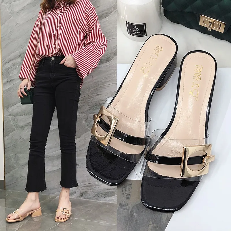 2019 Spring Summer New Style Transparent CHIC Slipper WOMEN'S Shoes Solid Color Rubber Flat Heel Flat Simple Line-styled Shoes