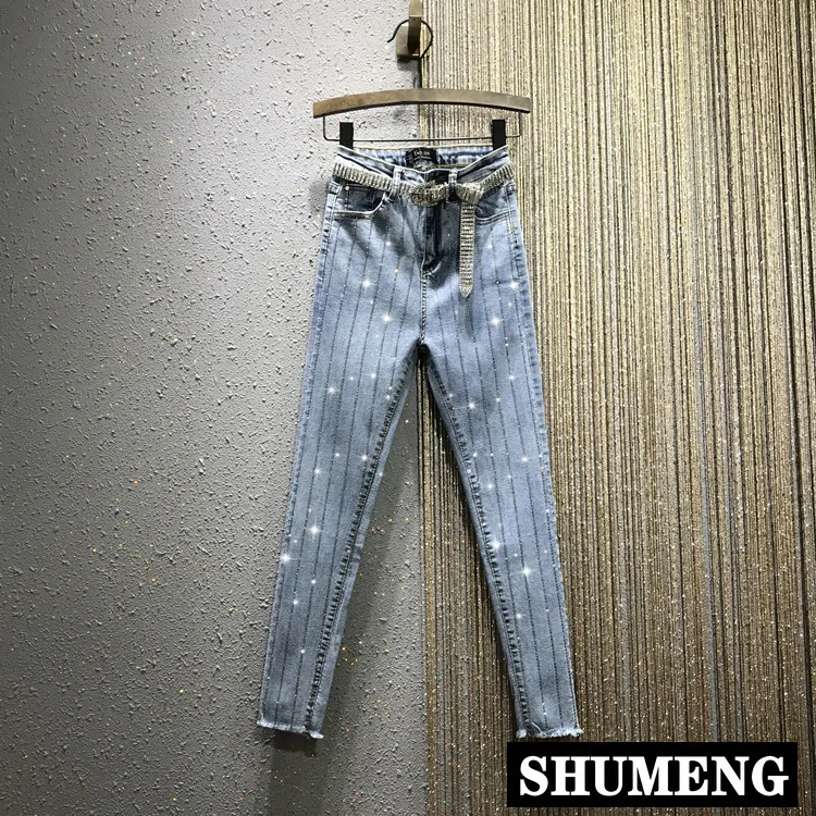 European 2019 Autumn New Vertical Hot Drilling High Waist Slim Denim Pants Women's Stretch Jeans Pencil Pants Trousers
European 2019 Autumn New Vertical Hot Drilling High Waist Slim Denim Pants Women's Stretch Jeans Pencil Pants Trousers