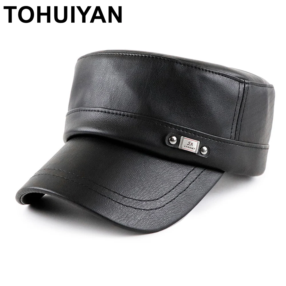 TOHUIYAN Military Style Cadet Army Cap For Man Vintage Leather Cap Autumn Winter Flat Top Hats Male Thickening Warm Peaked Hats
TOHUIYAN Military Style Cadet Army Cap For Man Vintage Leather Cap Autumn Winter Flat Top Hats Male Thickening Warm Peaked Hats