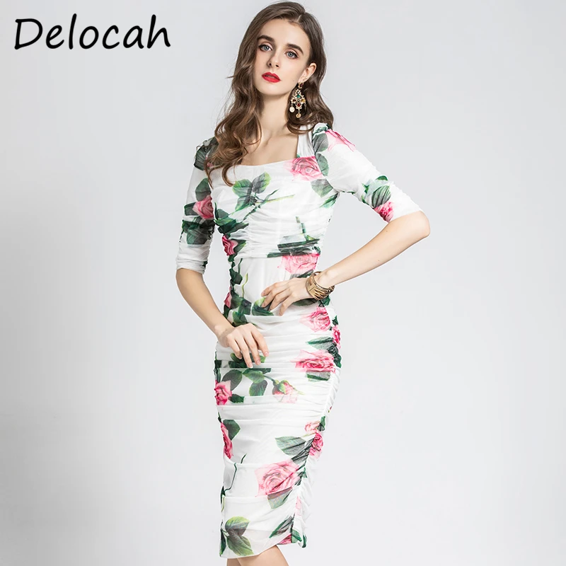 Delocah Women Summer Fashion Designer Office Pencil Dress Half Sleeve Draped Rose Floral Print Elegant Ladies Mesh Midi Dresses
Delocah Women Summer Fashion Designer Office Pencil Dress Half Sleeve Draped Rose Floral Print Elegant Ladies Mesh Midi Dresses