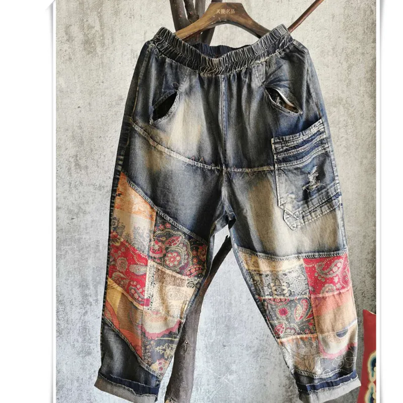 Женские свободные джинсы QING MO брюки с цветочным принтом в стиле пэчворк высокой